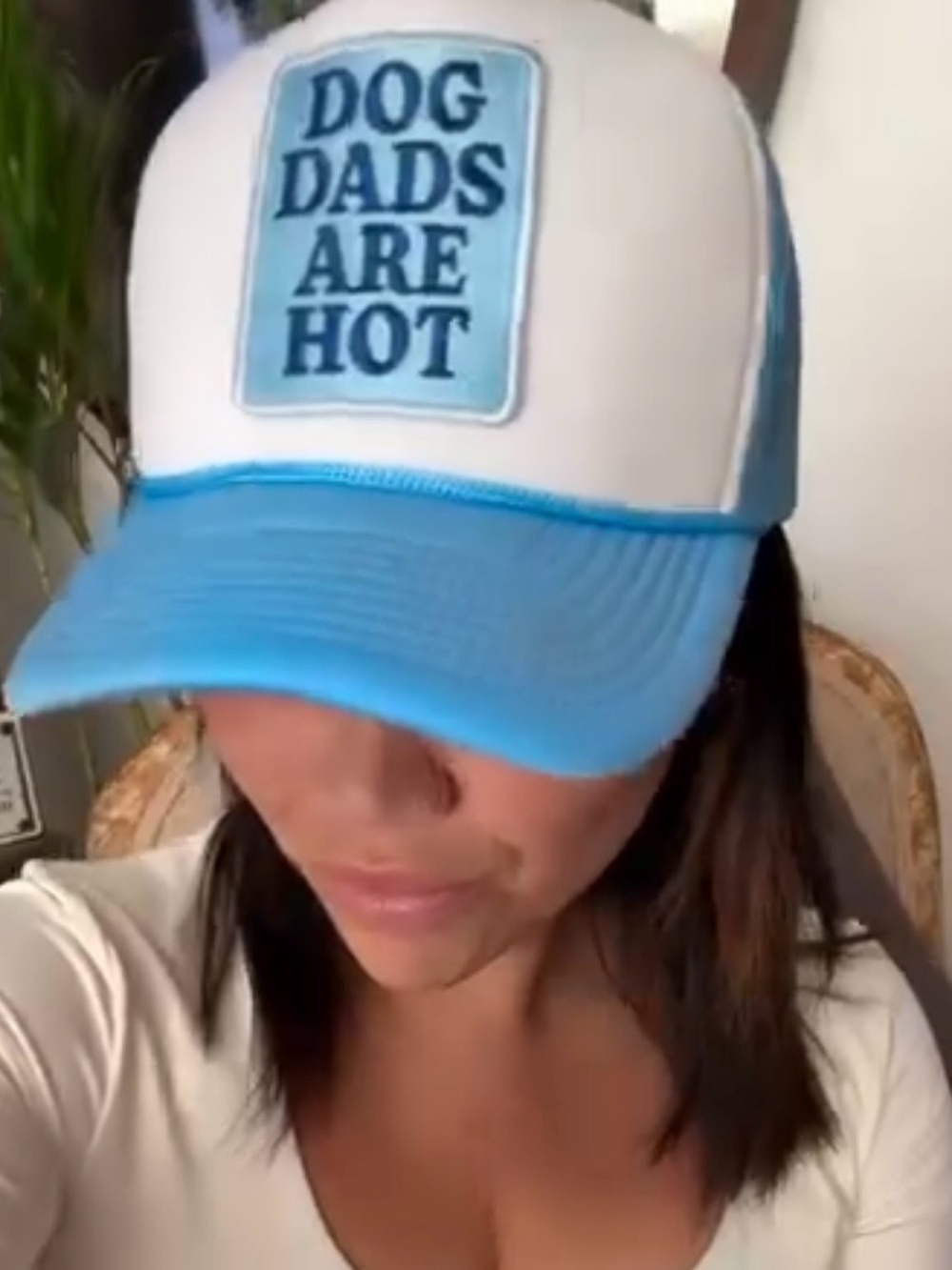White and Light Blue Trucker Hat with 'DOG DADS ARE HOT' Patch